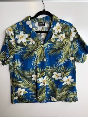 Shannon Marie Made in Hawaii Vintage Blue Palm Flower Shirt XL